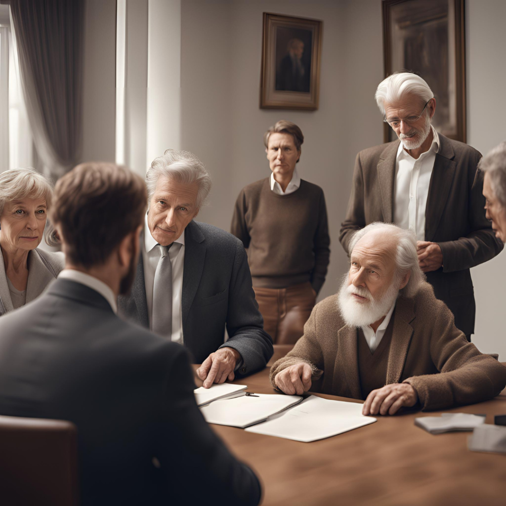 Homens consultando um advogado de inventário para discutir a herança. Imagem gerada pela inteligência artificial do site canva.com. Nova Iguaçu, Rio de Janeiro. Inventariante